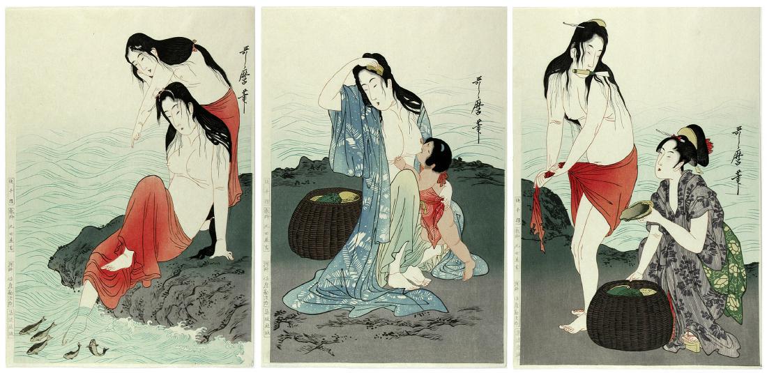 Kitagawa Utamaro, After Woodblock Abalone Divers: Artist: Kitagawa UTAMARO (after) Title: Abalone divers Date: 1797 (the original edition; this triptych made from recut blocks in the 20th century) Medium: Woodblock print Size: oban triptych (c. 15 x 