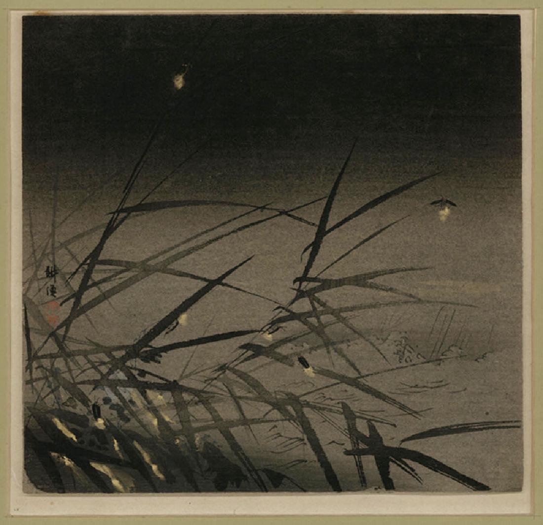 Tsukioka Kogyo Woodblock Fireflies: Artist: Tsukioka Kogyo Fireflies Woodblock with colors Size 9 1/2 x 9 7/8 inches Circa 1910 Artist signature middle left Tsukioka Kogyo was a Japanese artist of the Meiji period. For most of his caree