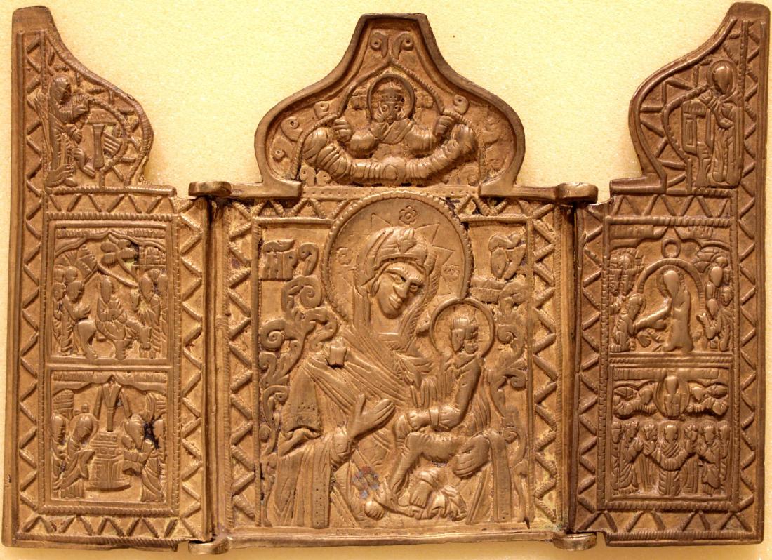 Theotokos of Tikhvin Metal Triptych Icon, 19th C (1 of 1)