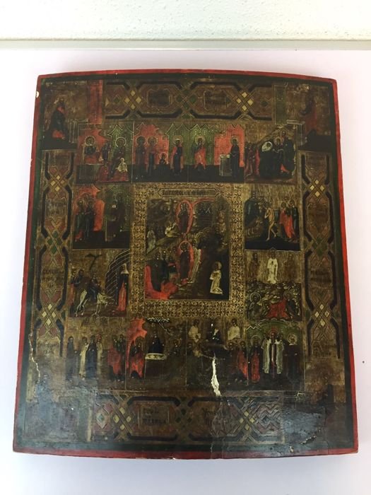 Antique Russian Resurrection & Feasts Icon, 19th C (1 of 8)