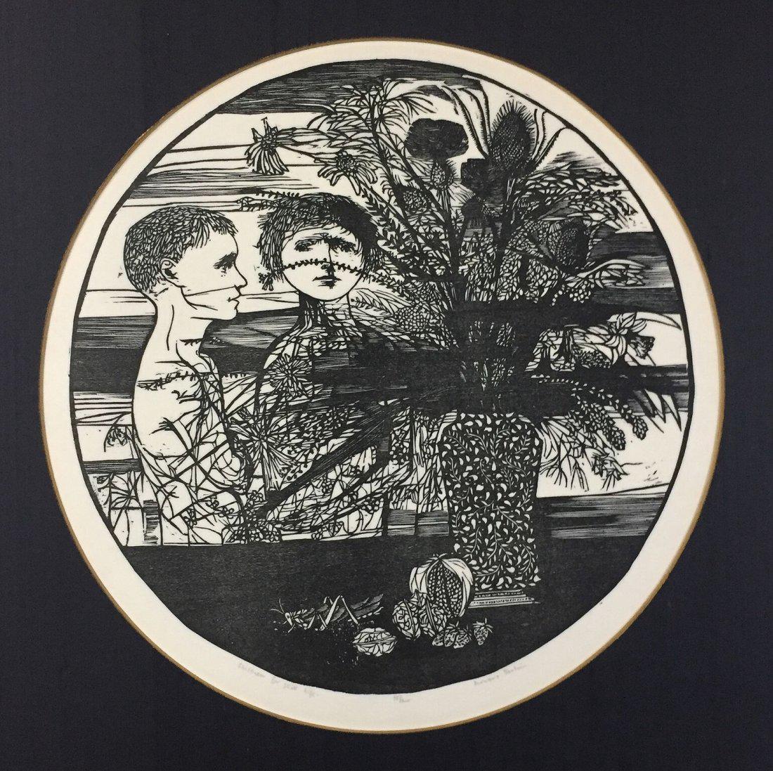 Leonard Baskin Children and Still Life Woodcut: Leonard Baskin Children and Still Life Woodcut 12" circular plate size Edition: 35/210, 1956, unframed, circular black silk matte, Paper Size: 17" x 16", signed Please note that this lot has a confide