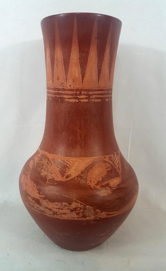 Tonita San Ildefonso Pueblo Pottery Avanyu Vase Ca 1930: Large Tonita San Ildefonso Pueblo pottery Avanyu vase ca 1930. 14 1/2" tall x 8" diameter. Signed Tonita (Tonita Martinez Roybal 1892-1945) and Juan (Juan Cruz Roybal 1896-1990). Please note that this