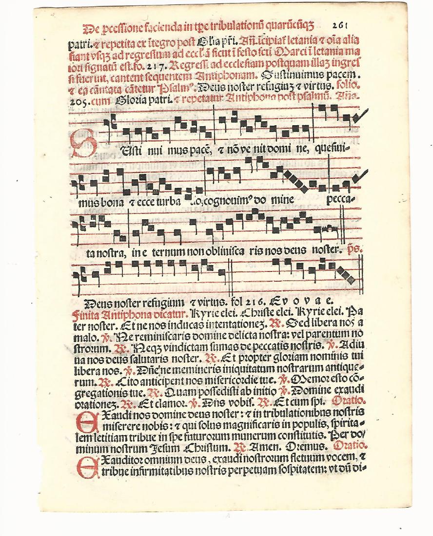1567 Catholic Hymnal Leaf Music: 1567 Catholic hymnal leaf printed in red and black, music both sides, from “Sacerdotal ad Consuetudinem Sacro Sancte…”, printed at Venice by Petri Liechtenstein. Fine, measures 6 x 8.5”. Pleas