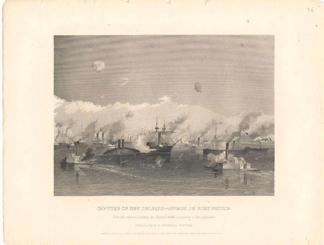 1862 Steel Engraving Capture of New Orleans: 1862 Steel engraving of the “Capture of New Orleans-Attack on Fort Phillip”, printed by Johnson, Fry, New York. Fine, measures 11 x 8.75”. Please note that this lot has a confidential reserve. W