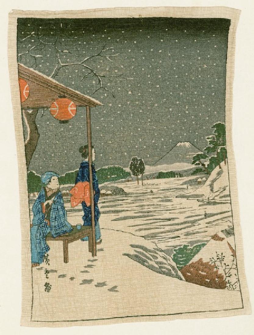 Ando Hiroshige Woodblock Geisha and Fuji in Snow: Hiroshige Ando Geisha and Fuji in Snow Date: ca. 1900s-1910s Size: 7.75 x 5.75 inches. Medium: Japanese Woodblock Print A recarved woodblock print on creped paper (chirimen-gami). This paper was popul