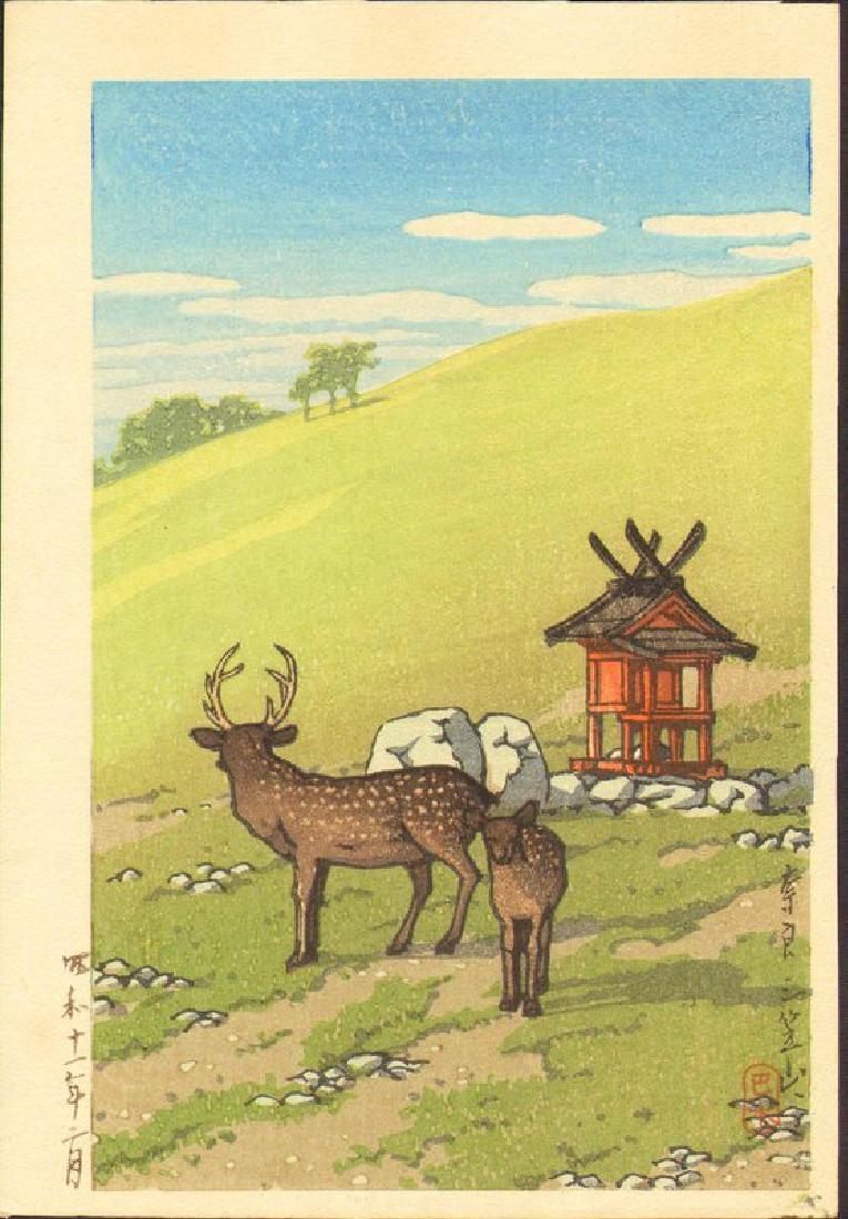 Kawase Hasui Woodblock Deer and Shrine: Kawase Hasui Deer and Shrine Date: 1936 Size: Koban. Approximately 7.5 x 5.25 inches. Provenance: The Robert O. Muller estate. Publisher: Watanabe Shozaburo. Medium: Japanese woodblock print. Conditio