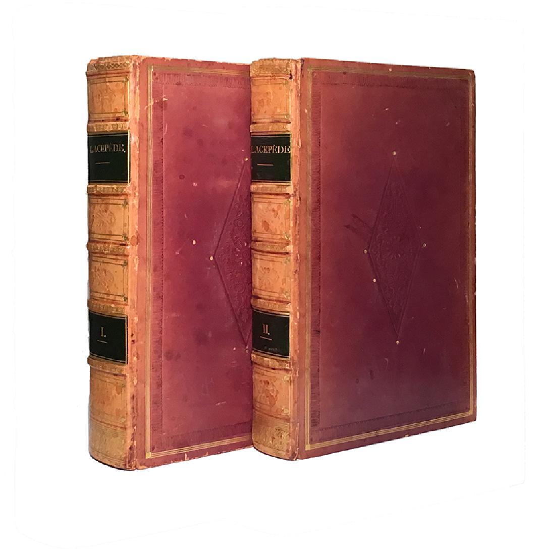 Histoire Naturelle de Lacépède Bernard-Germain-Étienne: This is the elegant, complete, two-volume Imprimerie d’Ad. Éverat et Comp. (Vol. I) and Imprimerie Schneider et Lancrand (Vol. II) printing, for Furne et Cie. of the 1839 french language publicatio