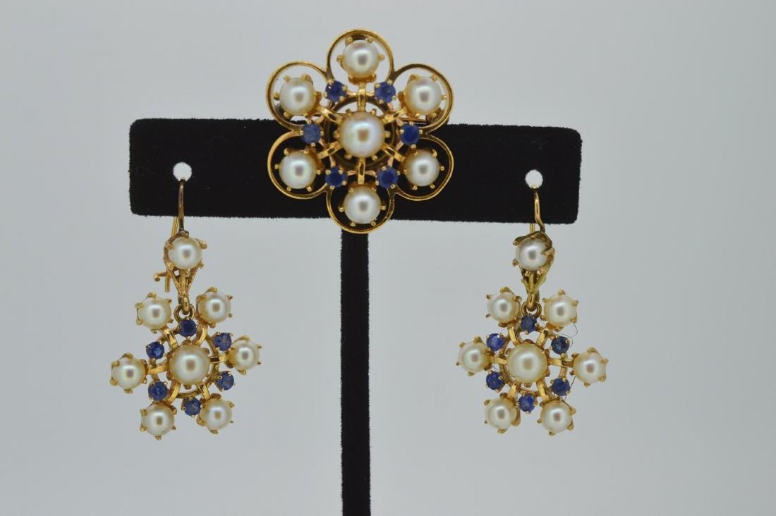 14k Yellow Gold Pearl Sapphire Earrings Brooch Set (1 of 3)