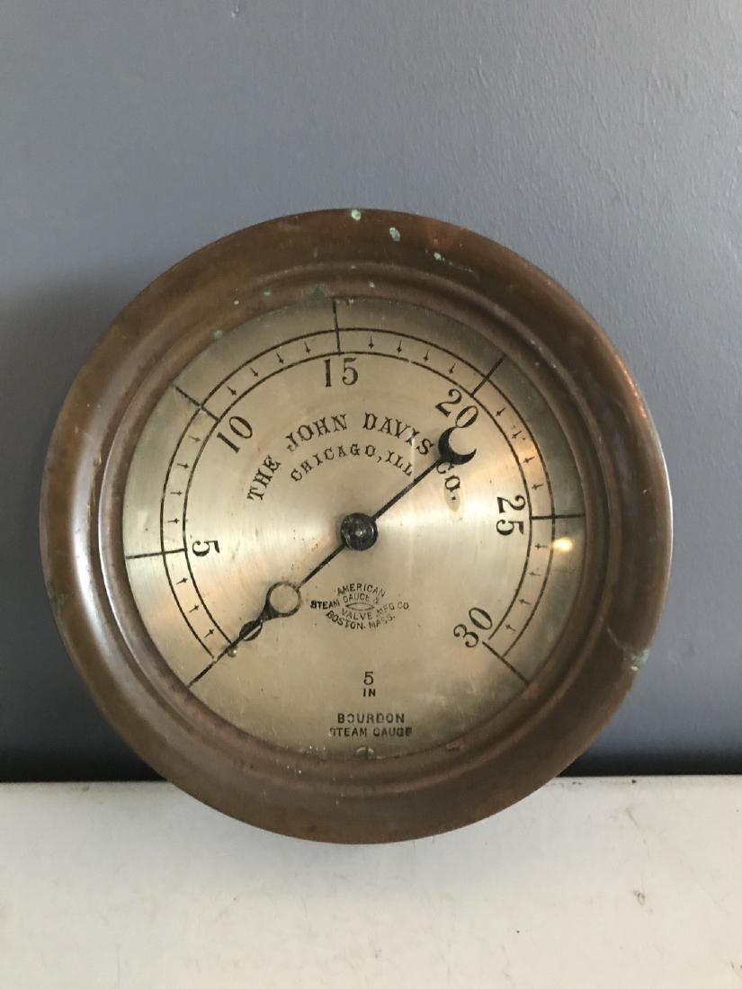 The John Davis Co. Bourdon Brass Steam Gauge: The John Davis Co. Bourdon Brass Steam Gauge brass/glass 6" diam; 2"d The John Davis Co., Chicago, IL; American Steam Gauge & Valved Mfg. Co., Boston, Mass. Please note that this lot has a confidentia