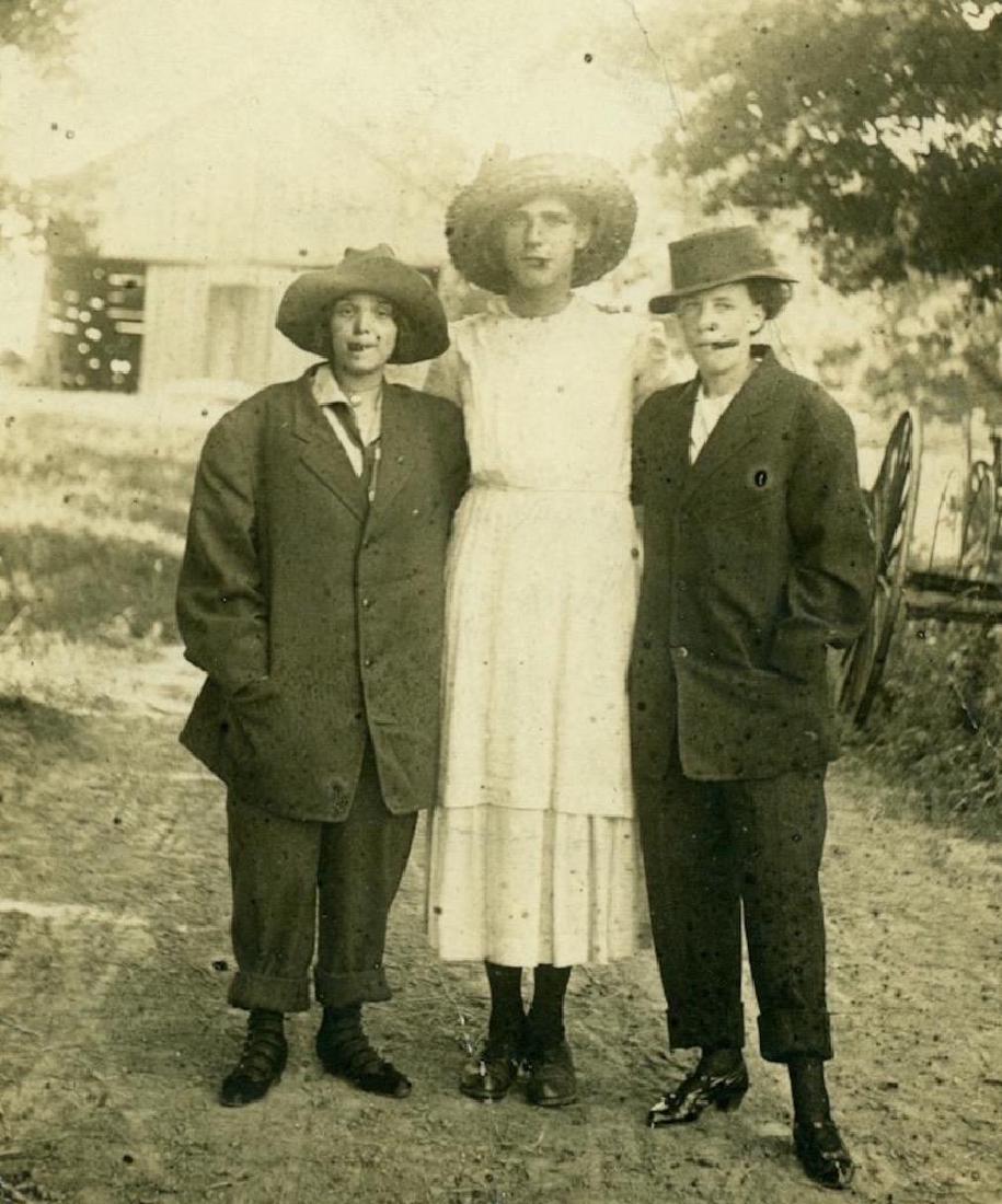 1915 Bizarre Cross Dressing Trio Girl in Man Suit (1 of 3)