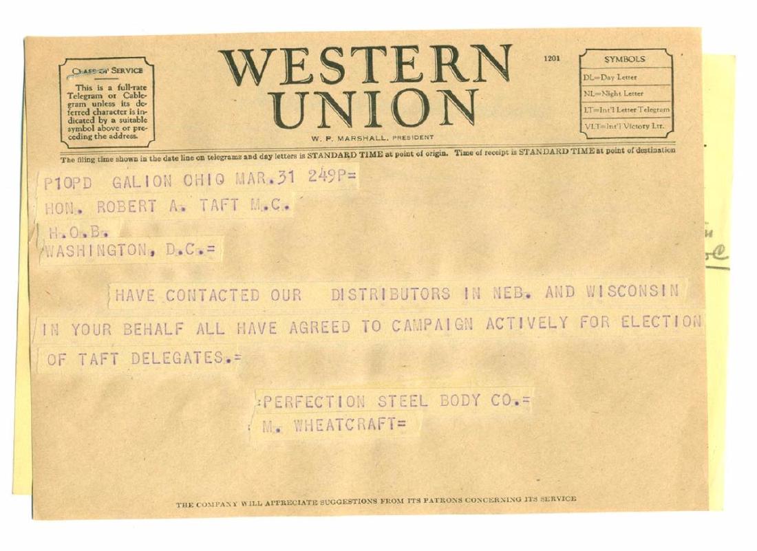 Vintage Election Telegram Robert Taft Campaign Support (1 of 3)