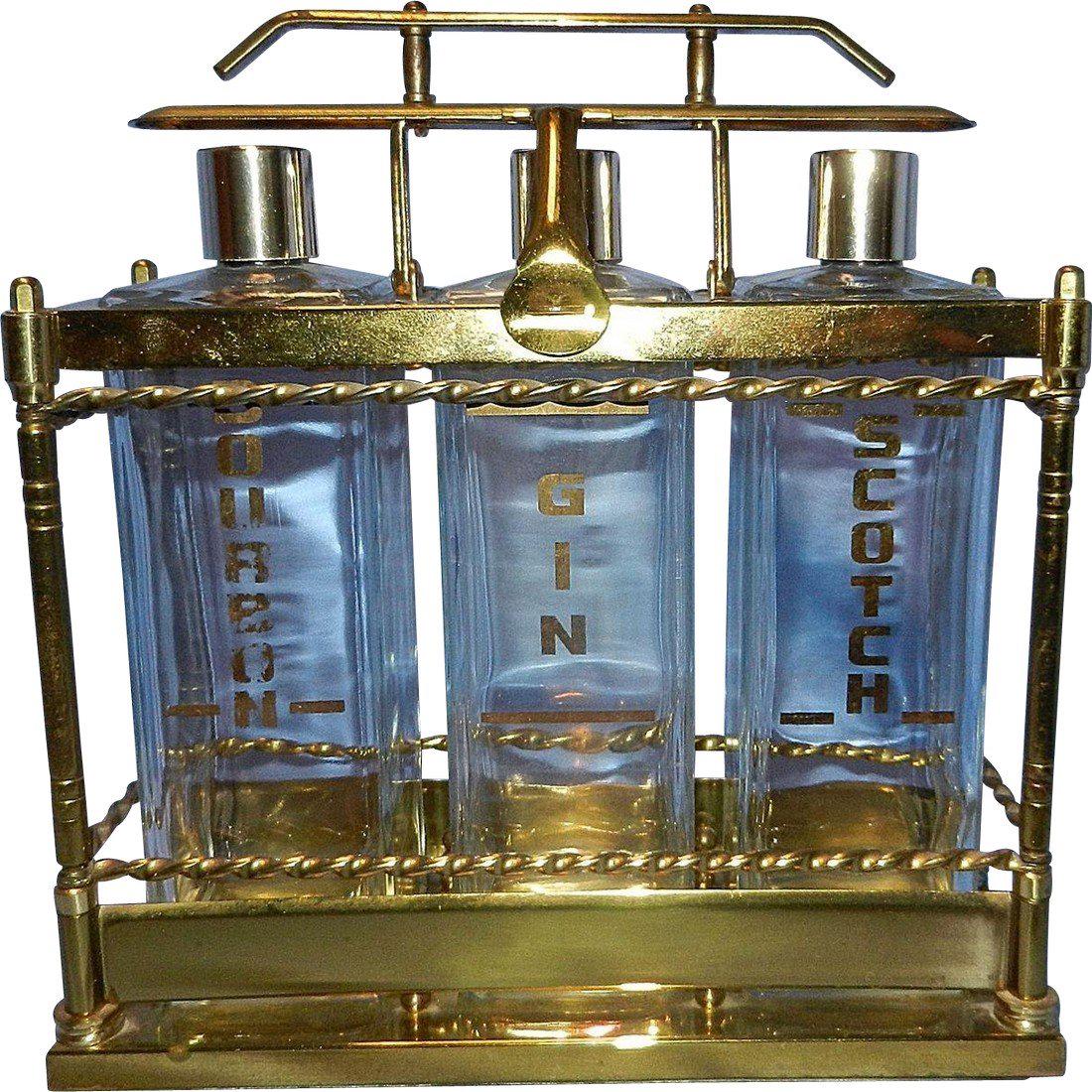 Vintage Mid-Century 3 Bottle Brass Liquor Decanter (1 of 7)