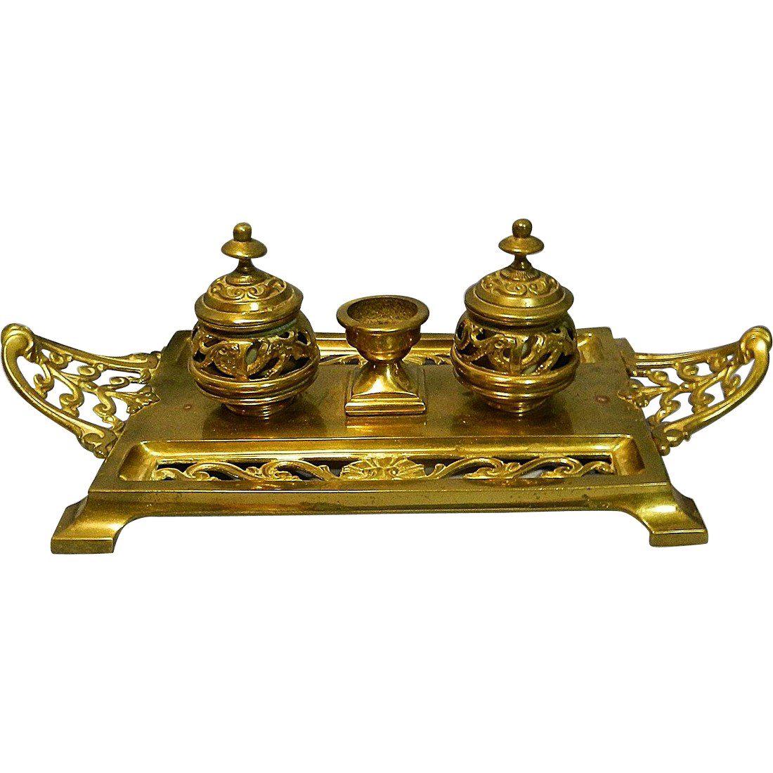 Antique William Tonks & Son Brass Porcelain Inkwell (1 of 10)