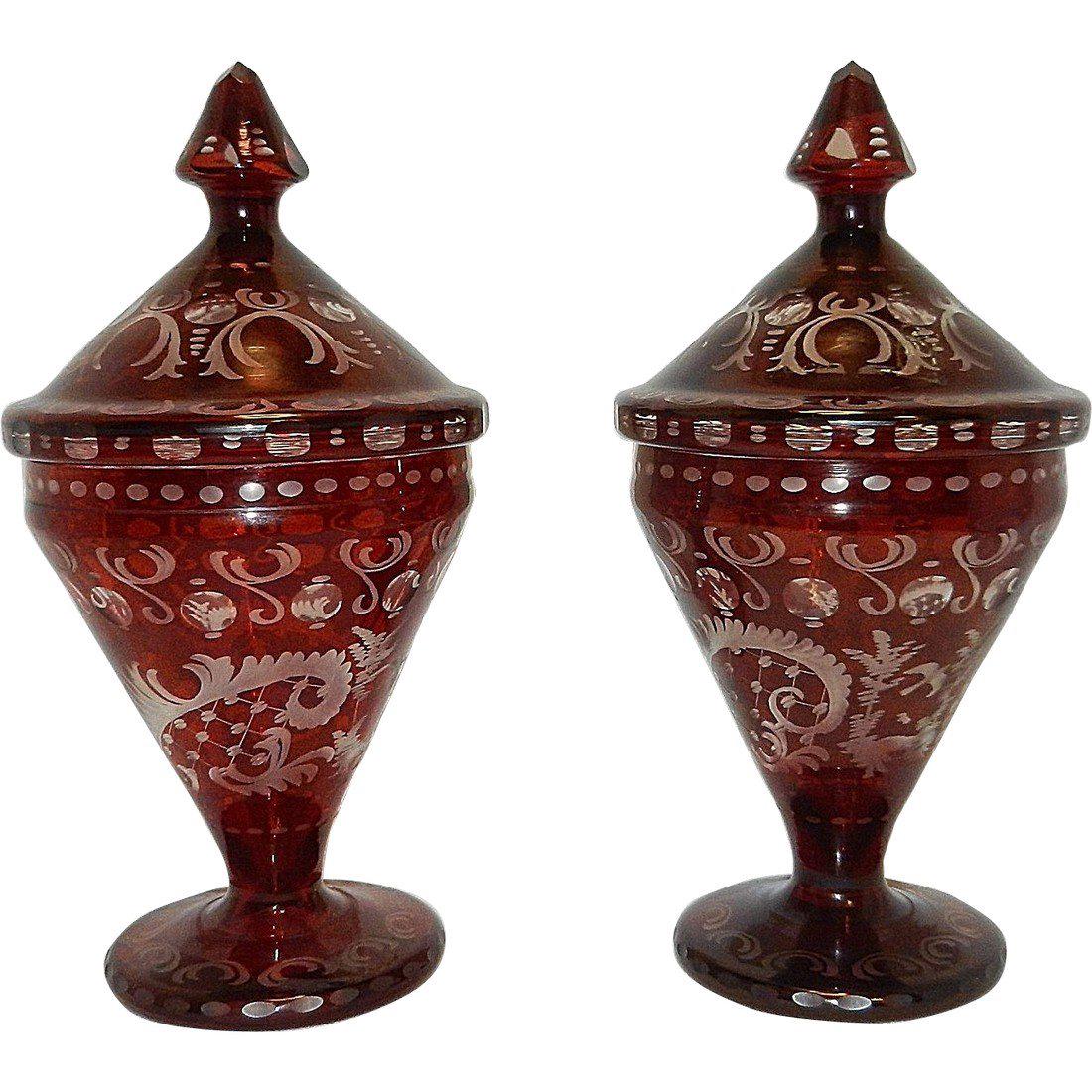 Vintage Czechoslovakia Ruby Cut to Clear Glass Compotes (1 of 8)