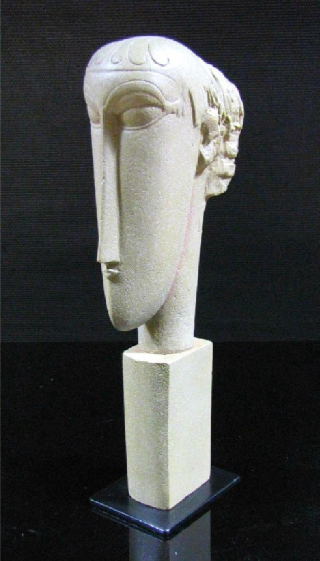 After Amedeo Modigliani: Tetes Amed Statue: Title: Amedeo Modigliani - Tetes Amed Maker: Mouseion Collection Origin: Netherlands Date/Period: 2017 Materials: Polystone composite Size: 9,6 x 4,3 inch Têtes Amed sculpture / bust, inspired by the
