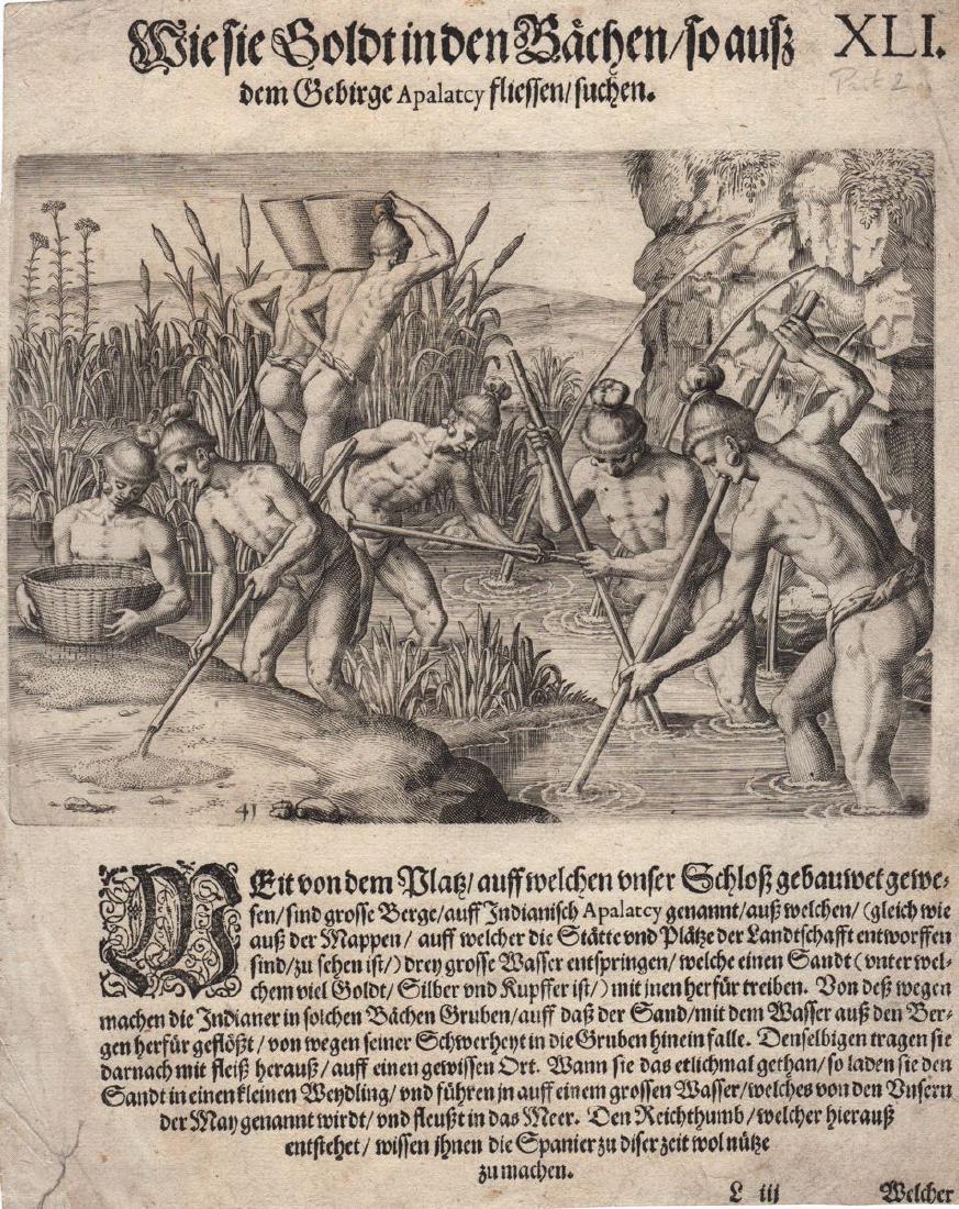 de Bry: Collecting Gold in Appalachia, 1590: Title/Content of Map: Mode of Collecting Gold in Streams Running From the Apalatcy Mountains Cartographer: Theodor de Bry Place & Date: Frankfurt / 1590 Size: 9" x 13 1/4" (overall sheet) Condition: b
