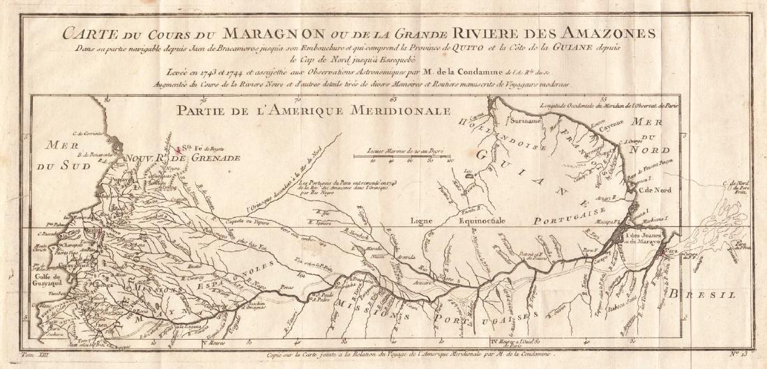 Bellin: Antique Map of Course of the Amazon, 1754: Title/Content of Map: Carte du Cours du Maragnon ou de la Grande Riviere des Amazones Cartographer: Bellin Place & Date: Paris / 1754/1760 Size: 14 5/8" x 6 7/8" Condition: b&w; old folds; light overa