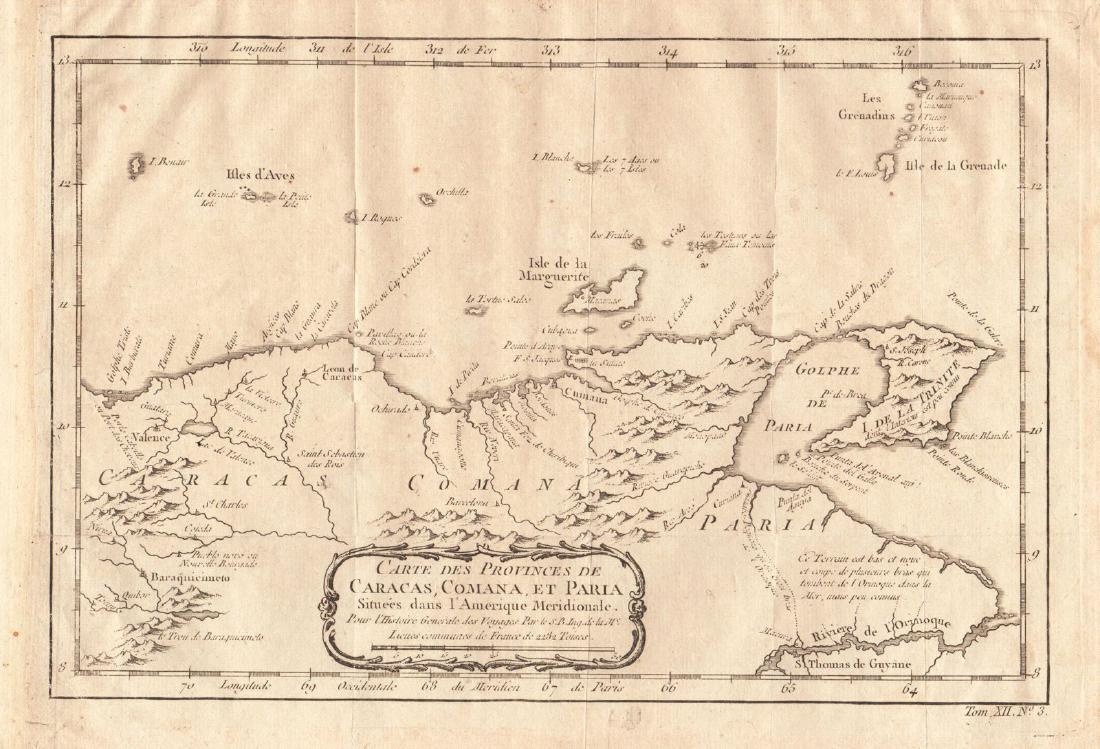 Bellin: Antique Map of Venezuela, Trinidad, 1754: Title/Content of Map: Carte des Provinces de Caracas, Comana, et Paria Cartographer: Bellin Place & Date: Paris / 1754/1760 Size: 12" x 8" Condition: b&w; overall age toning and some spotting; a light