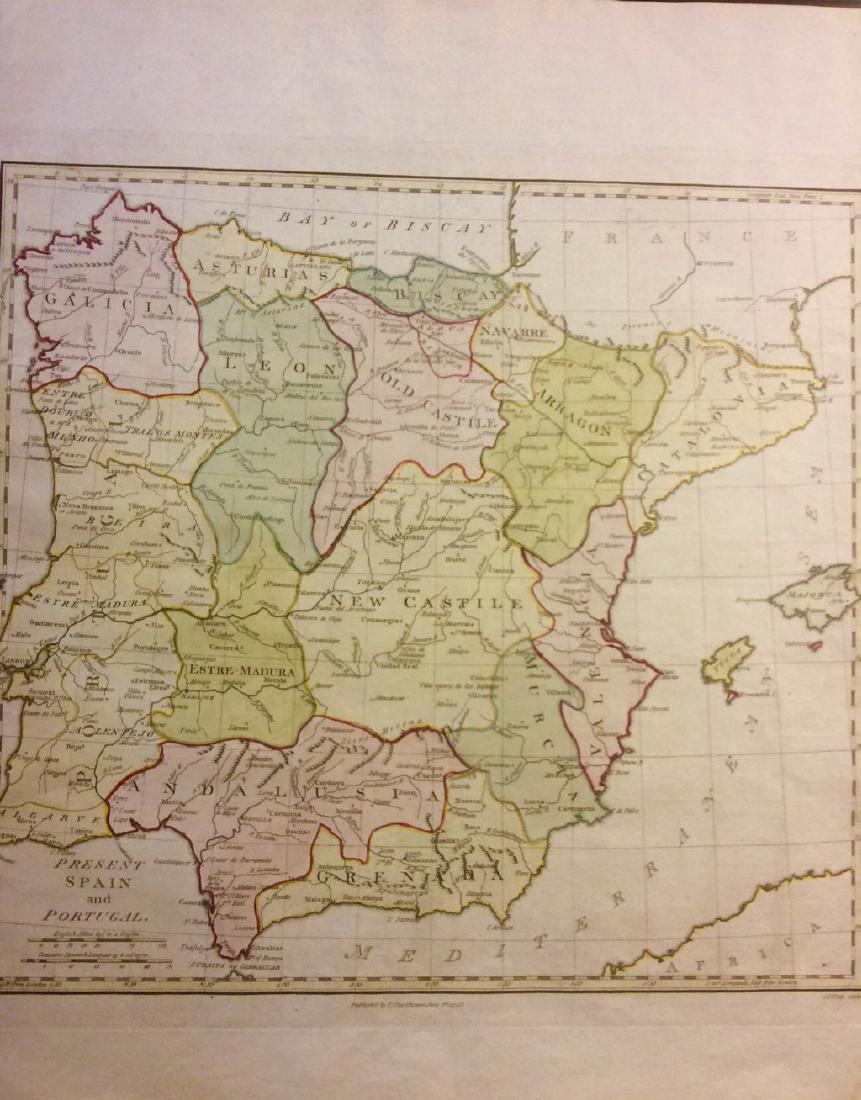 Stackhouse: Antique Map of Spain and Portugal, 1783: Title/Content of Map: Spain and Portugal by Stackhouse Date Printed: 1783 Cartographer: Thomas Stackhouse Material/Medium: Paper Size: 16" x 20" Original hand color, copperplate engraved. Published in