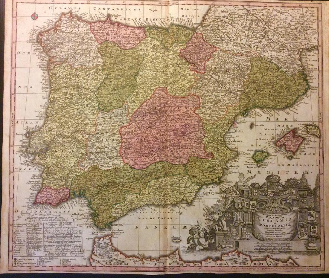 Seutter: Antique Map of Spain and Portugal, 1740: Title/Content of Map: Spain and Portugal Date Printed: c1740 Cartographer: Matthaus Seutter Material/Medium: Paper Size: 23 1/2" x 19 3/4" Original hand colored copperplate engraved. Published in Augs