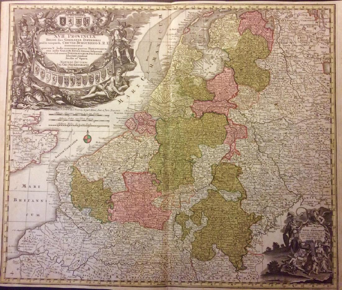 Seutter: Antique Map of Netherlands & Belgium, 1740: Title/Content of Map: Netherlands & Belgium or the 17 provinces Date Printed: c1740 Cartographer: Matthaus Seutter Material/Medium: Paper Size: 19 1/2" x 23 2/3" Original hand colored copperplate engr
