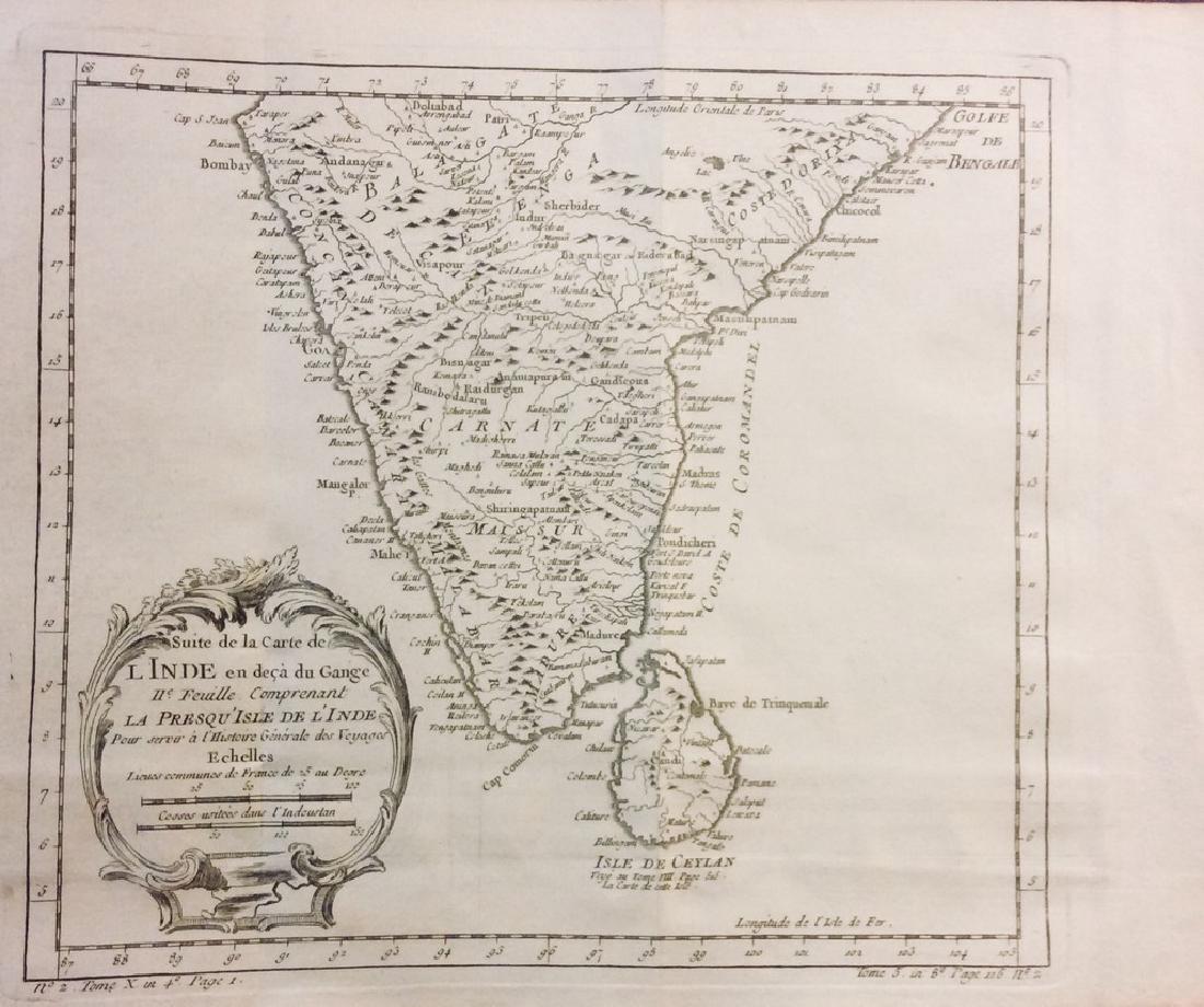 Bellin: Antique Map of Southern India, 1740: Title/Content of Map: Southern India Date Printed: 1740-70's Cartographer: J.N. Bellin & J.F. La Harpe Material/Medium: Paper Size: 12" x 10" Copperplate engraved. From the 'Abrege de L'Histoire Gener