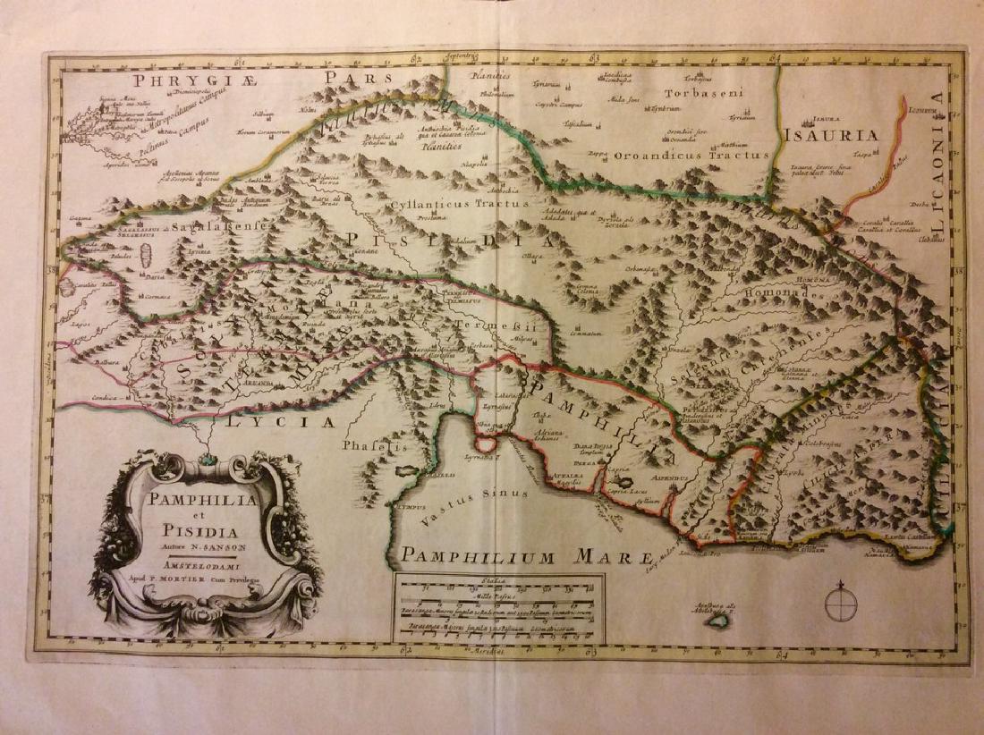 Mortier: Antique Map of Ancient Central Turkey, 1705: Title/Content of Map: Ancient Central Turkey Kingdoms of Pamphylia & Pisidia Date Printed: 1705-1706 Cartographer: Pierre Mortier Material/Medium: Paper Size: 24" x 16" Antique Map. Copperplate engrav