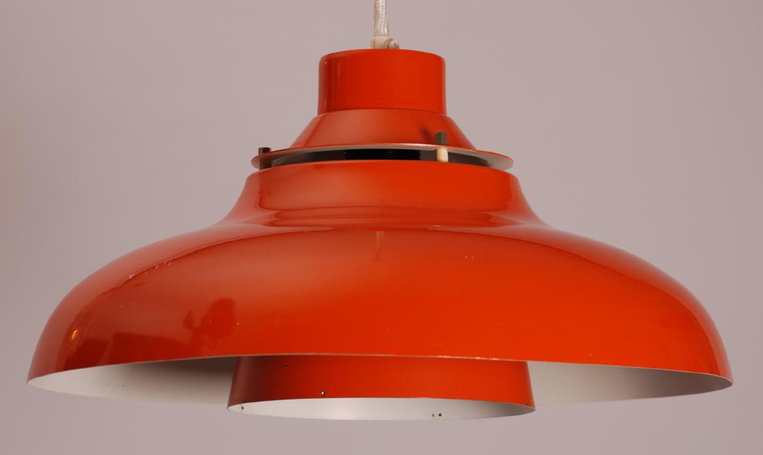 Danish Orange Aluminum Pendant Lamp, 1960s: Item: Pendant lamp Maker: Unknown Origin: Denmark Date/Period: 1960's Materials: Aluminium Size (inches): 13,77 inch x 7,48 inch Unknown desighner, unknown producer. High gloss orange shade, white pai