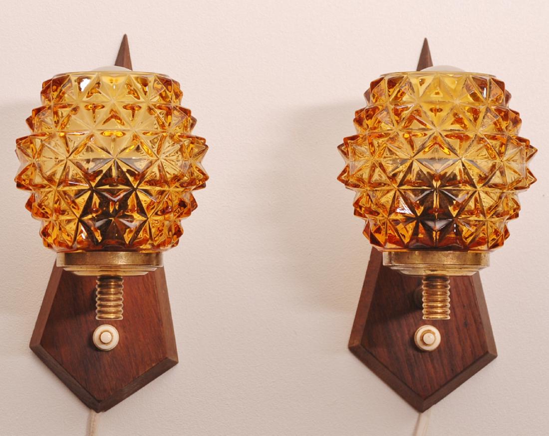 Set of Two Teak Wood Glass Wall Lamps, 1960s (1 of 9)