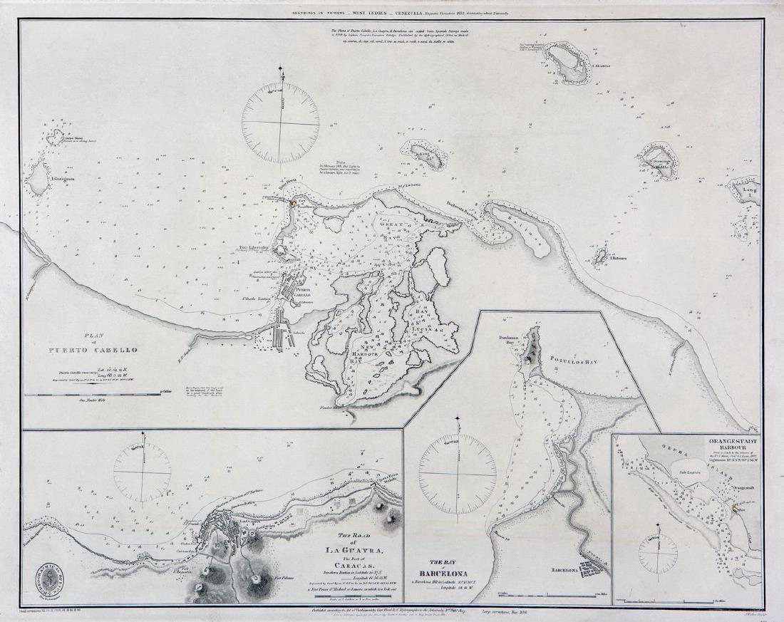 Hurd: Antique Map of Venezuelan & Aruban Ports, 1817: Title/Content of Map: Plan of Puerto Cabello / The Road of La Guayra, the Port of Caracas / The Bay of Barcelona / Orangestadt Harbour (Aruba) Cartographer: Capt. Hurd / British Admiralty Office Place