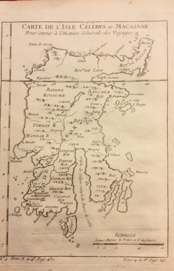 Bellin: Antique Map of Indonesian Islands of Celebes: Title/Content of Map: Indonesian Islands of Celebes Date Printed: 1740-70's Cartographer: J.N. Bellin & J.F. La Harpe Material/Medium: Paper Size: 6" x 9 3/4" Copperplate engraved. Published in Paris.