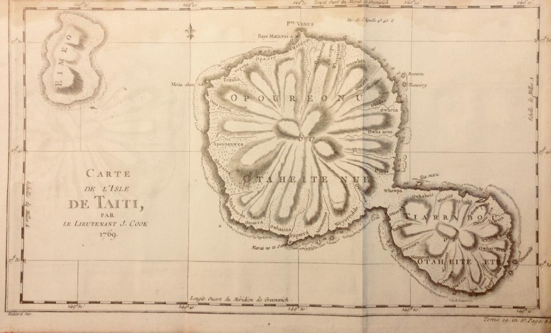 Bellin / Harpe: Antique Map of Tahiti, 1769: Title/Content of Map: Tahiti Date Printed: 1769 Cartographer: J.N. Bellin & J.F. La Harpe Material/Medium: Paper Size: 16 1/2" x 10" Copperplate engraved. Published in Paris. From the 'Abrege de L'His