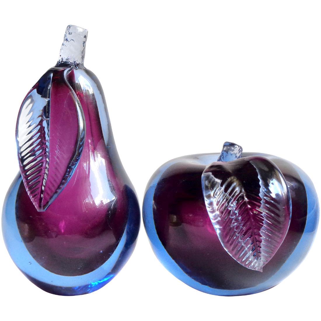 Barbini Murano Sommerso Blue Purple Apple Pear Bookends: Murano hand blown purple and blue Sommerso art glass pear and apple sculptures / bookends. Documented to designer Alfredo Barbini. Can be displayed standing up or on their sides. Pear measures 6 1/2" 