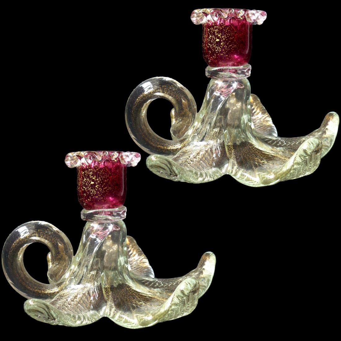 Salviati Murano Purple Pink Gold Flecks Candlesticks (1 of 5)
