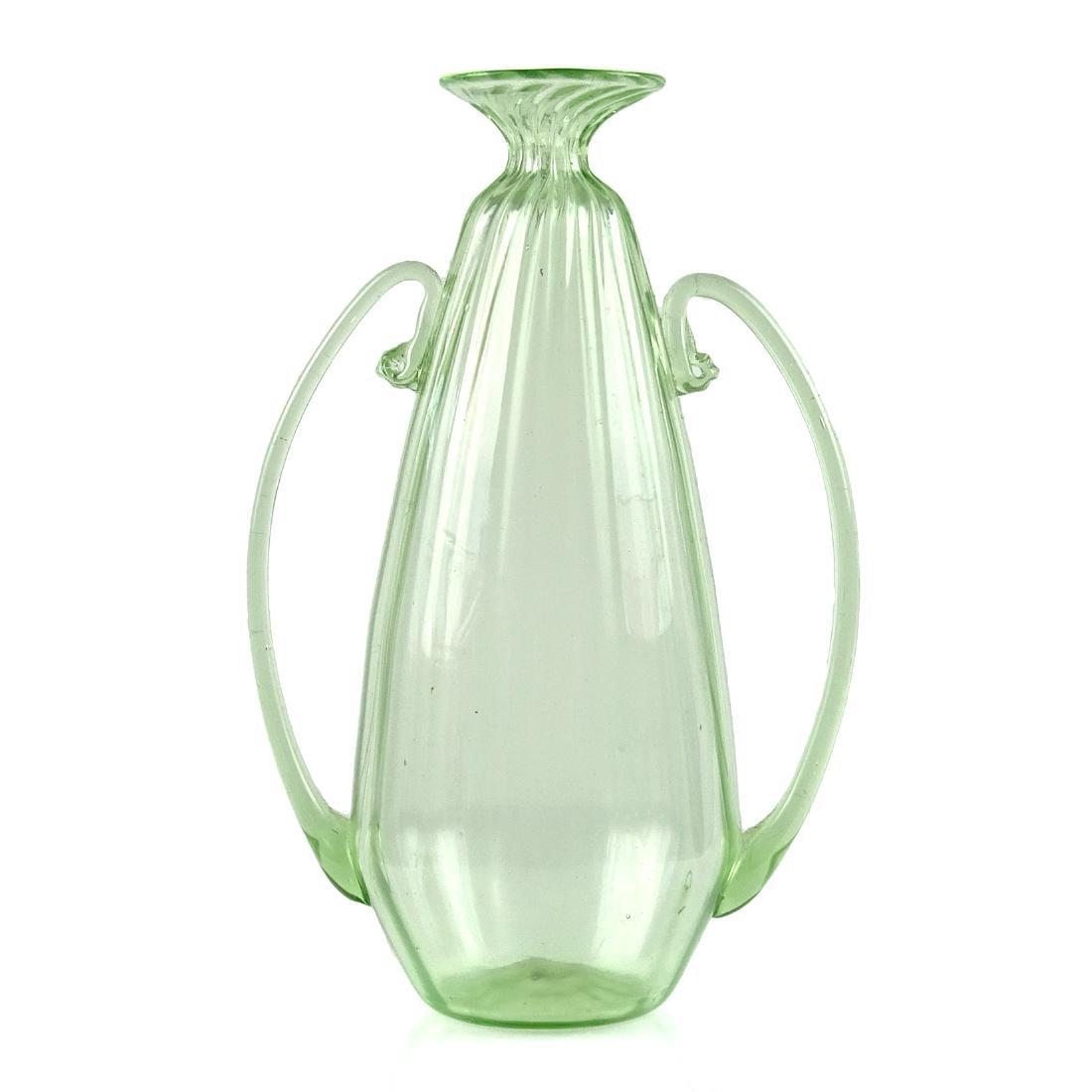 Murano Antique Soffiati Green Art Glass Vase: Antique Murano hand blown light green Italian art glass vase. Created in the Soffiati style, circa early 1900s. Measures 7 3/4" tall. Please note that this lot has a confidential reserve. When you lea