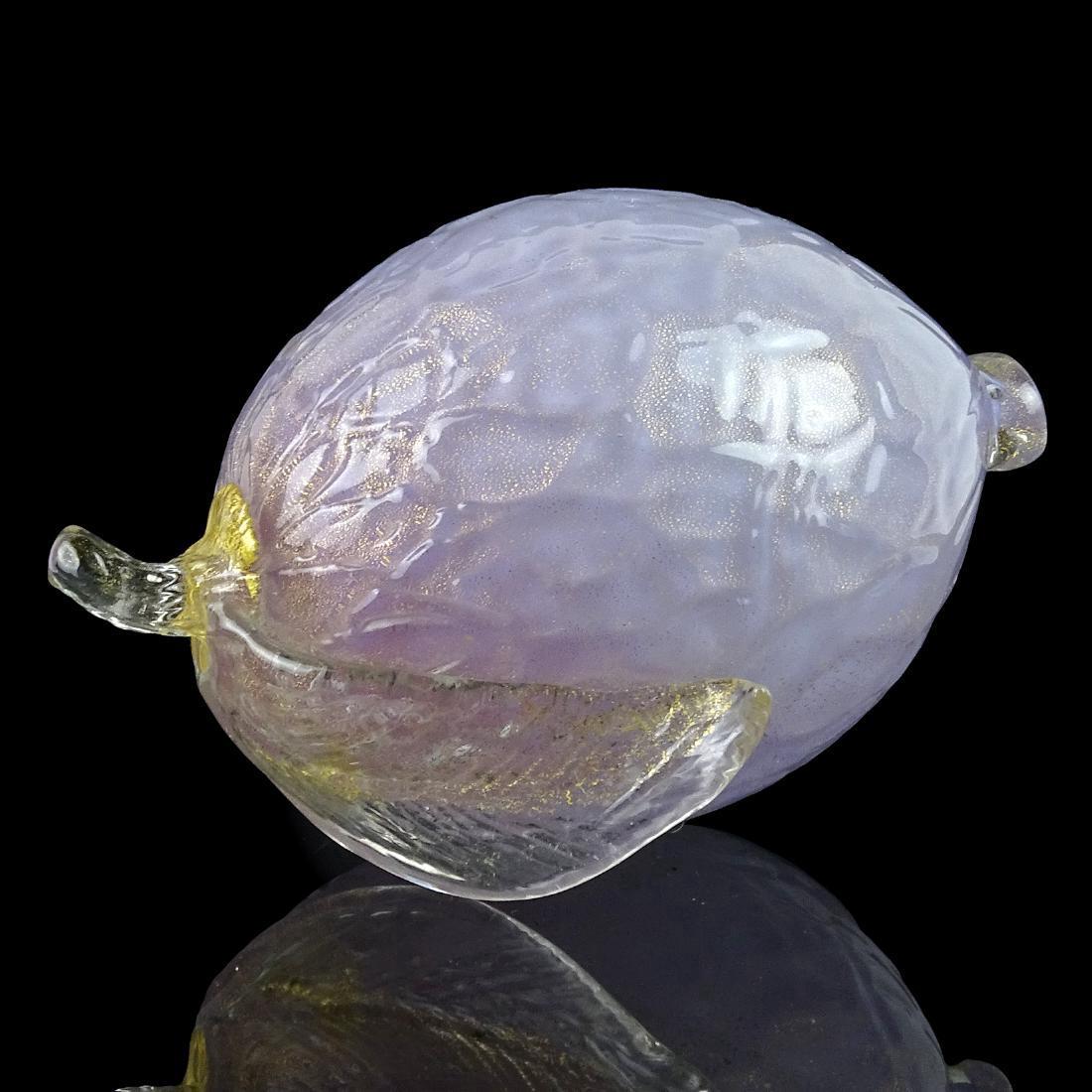 Barbini Murano Purple Gold Flecks Italian Glass Lemon: Murano hand blown purple and gold flecks Italian art glass lemon fruit sculpture. Documented to designer Alfredo Barbini. Measures 5 1/2" long. Please note that this lot has a confidential reserve. Wh