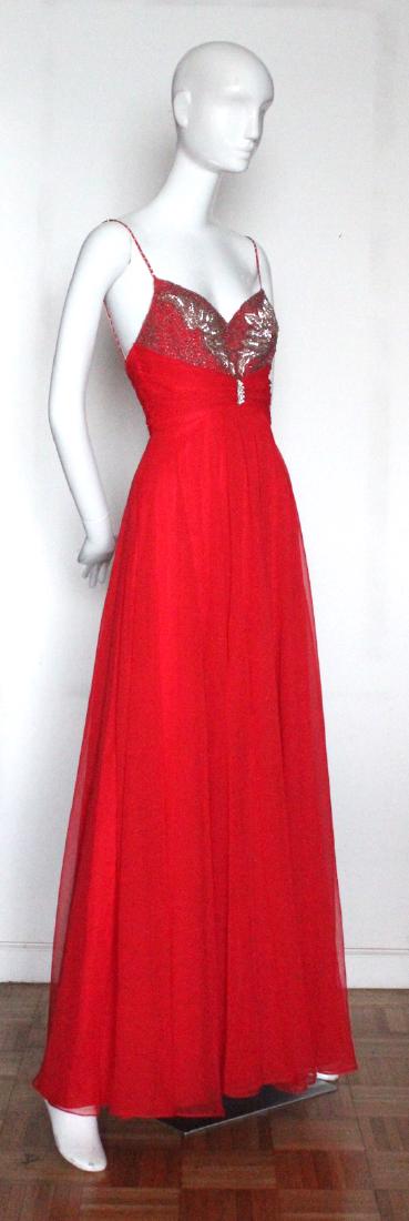Mike Benet Embroidered Evening Dress, 1970’s: Item: Mike Benet Embroidered Evening Dress, 1970’s Maker: Mike Benet Formals Origin: American Date/Period: 1970's Materials: Polyester Size: Sz 6 Mike Benet Embroidered Red Chiffon Evening Dress, 19