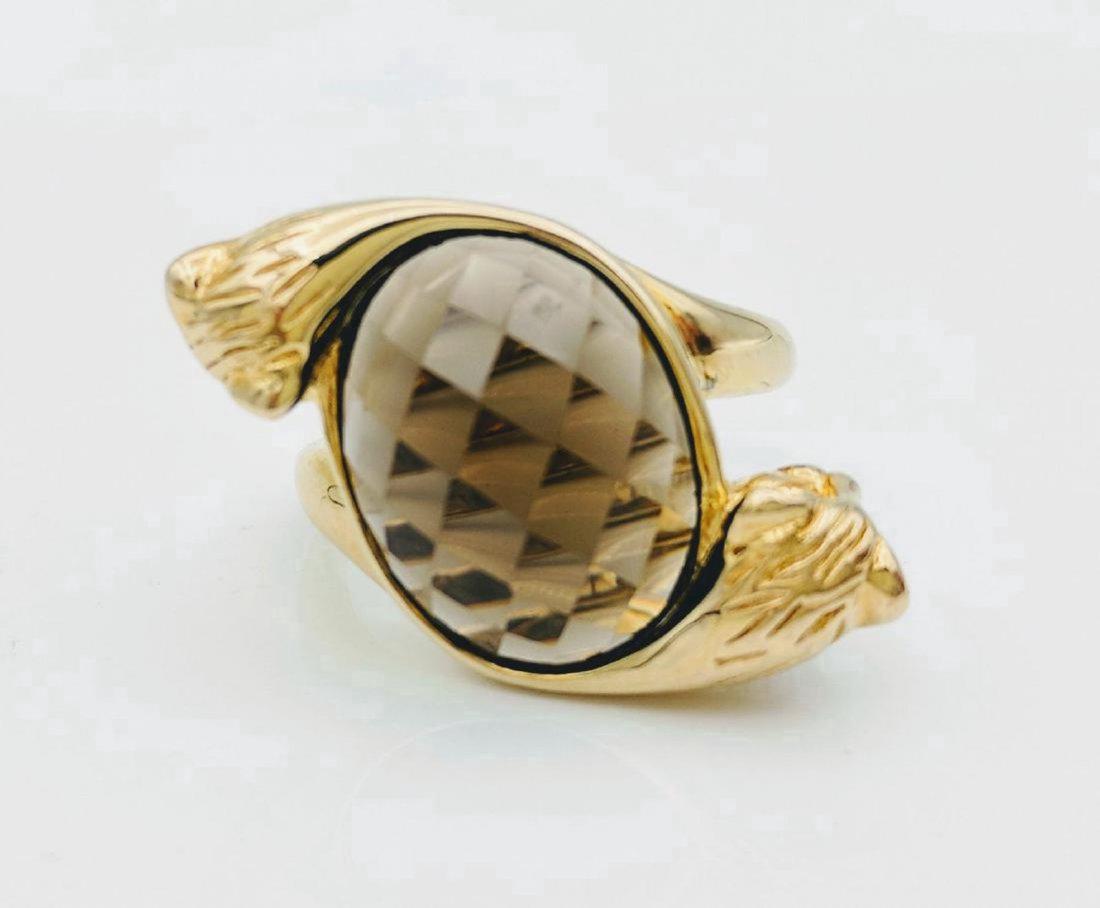 Gold Plated Silver Quartz Figural Tiger Ring, 9.32ct: Item: Sterling Silver Gold Plated Smoky Quartz Ring with two Tiger heads Brand: Jean Lin Collection Metal Purity: 925 Sterling Silver Gemstones: Smoky Quartz Ring size: 7 This Ring has 1 Oval Smoky Qu
