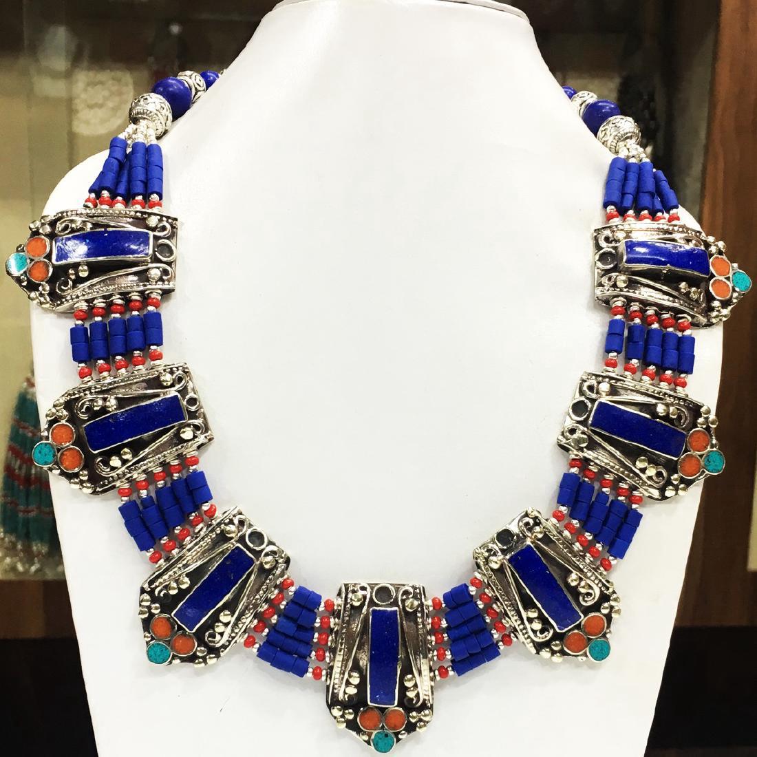 Tibetan Silver Lapis & Coral Handmade Necklace (1 of 1)