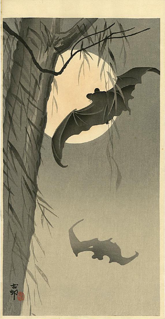 Koson Ohara Woodblock Bats by a Willow and Full Moon (1 of 2)