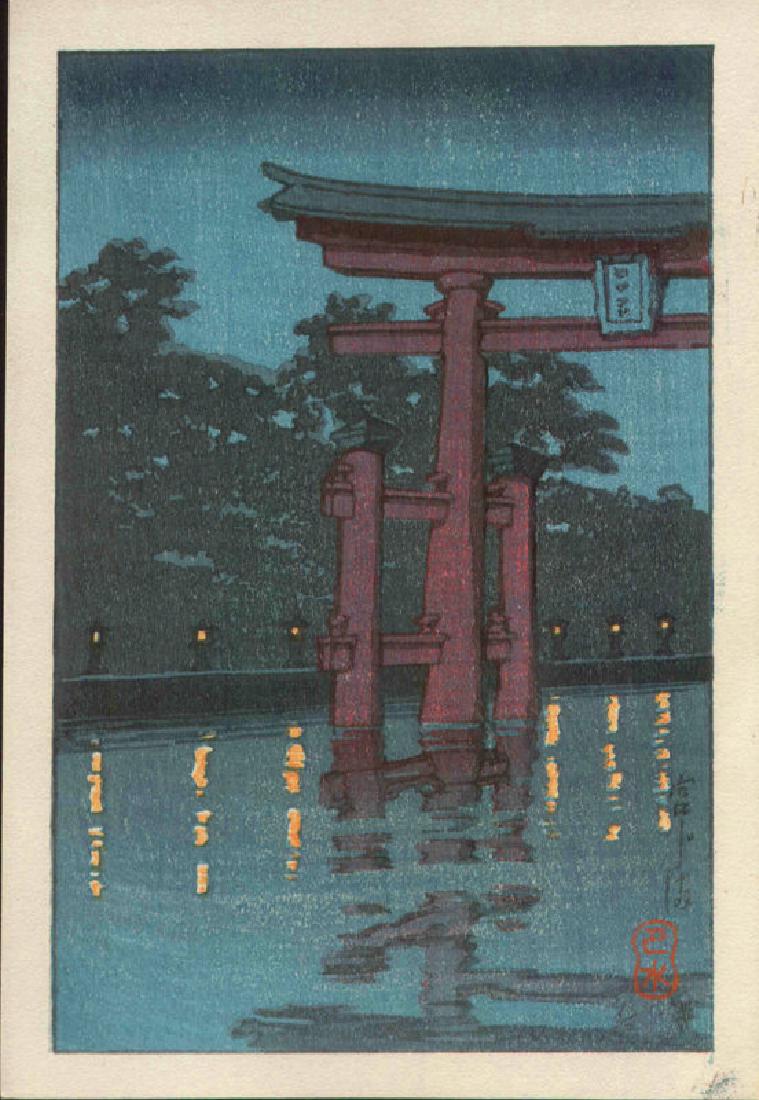 Kawase Hasui Woodblock Torii at Miyajima at Night: Artist: Kawase Hasui The Torii at Miyajima at Night Date: 1930s. Publisher: Watanabe Shozaburo. Size: Koban. Approximately 6.25 x 4.25 inches. Provenance: The Robert O. Muller estate. Medium: Japanese