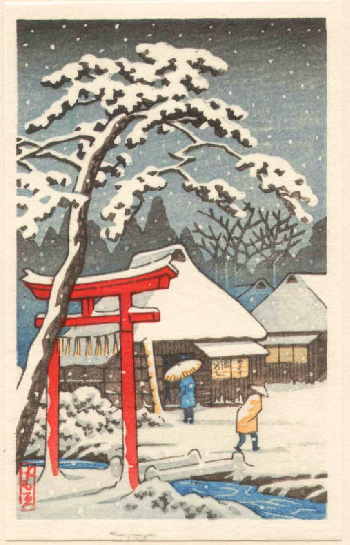Tomoe Woodblock Torii on Snowy Evening: Artist: Tomoe Torii on Snowy Evening Date: 1950s ~ 1960s. Size: Approximately 5.5 x 3.5 inches Publisher: Watanabe Shozaburo. Bears the Tomoe seal. Print is tipped along its top edge to original cards