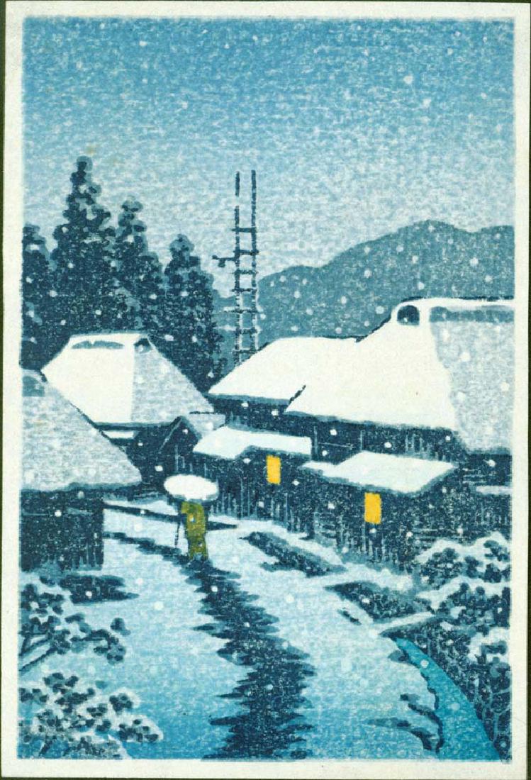 Kawase Hasui Woodblock Evening Snow at Terajima Village (1 of 2)