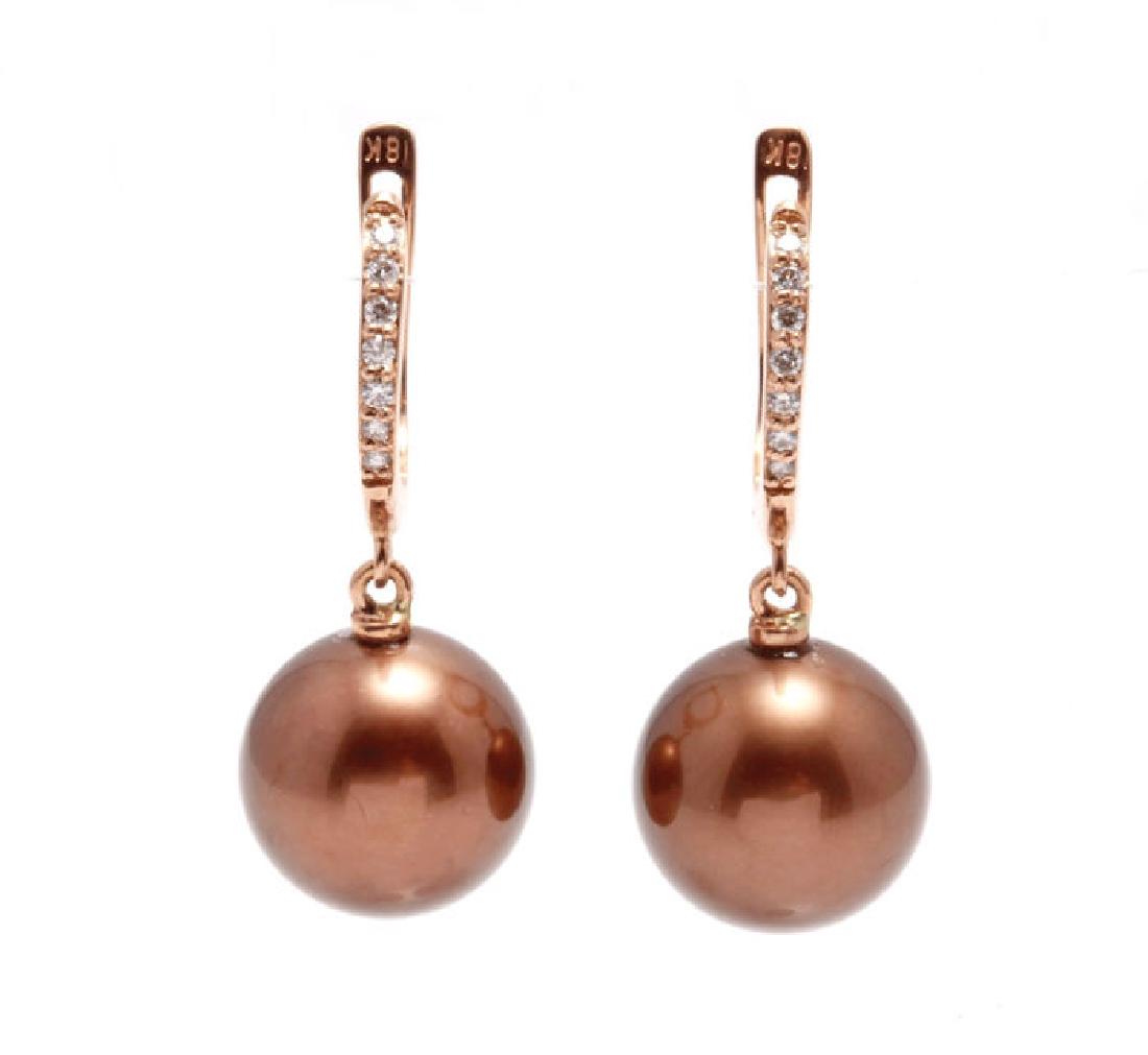 18K Rose Gold Tahitian Pearls Diamond Earrings: Emerging from the tropical lagoons of French Polynesia, these Tahitian pearls have a rich luxurious luster. The beautiful chocolate cherry brown color of the pearls combined with the rose gold and dia