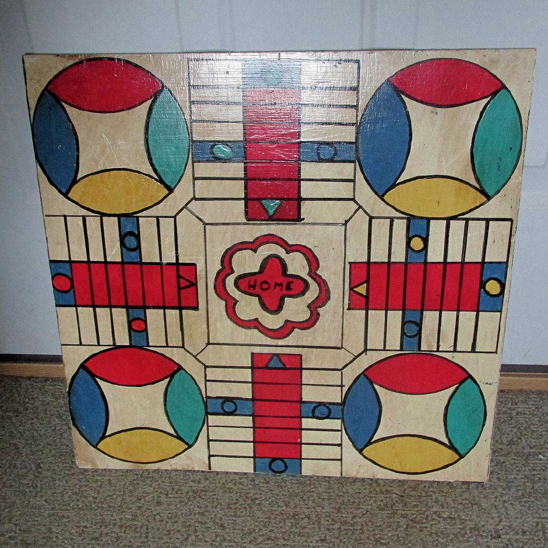 Vintage Folk Art Parcheesi Game Board, Original Paint