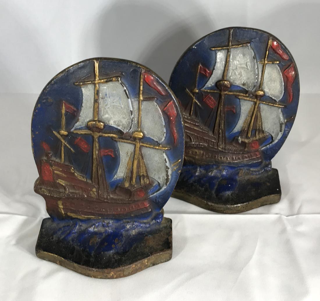 Cast Iron Galleons Signed Albany Foundry Book Ends (1 of 2)