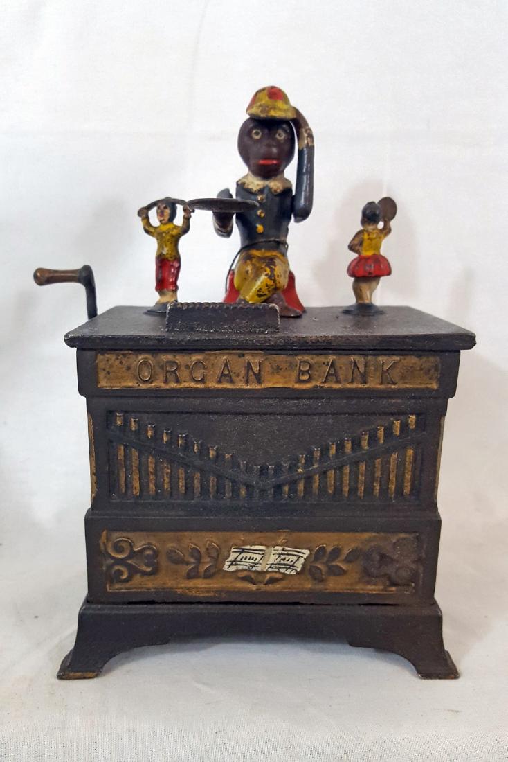 Organ Grinder Children Mechanical Bank Patent 1882: Excellent operating condition with key. Minor paint wear, This bank was made by Keyser and Rex of Frankford, Pa 7 1/2" high x 5 1/2" wide x 4" deep Please note that this lot has a confidential reserve