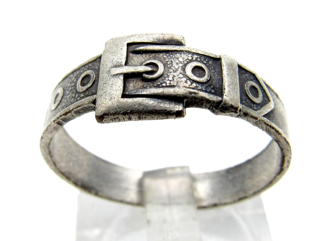 Antique Hallmarked Silver Ring Decorated like a Belt: Date: 17th - 19th C. AD Material: silver Provenance: Obtained from an old British collection, acquired from the B.C.F. (Birmingham) Dimensions: 18mm; 1.9grams Antique Hallmarked Silver Ring Decorated 