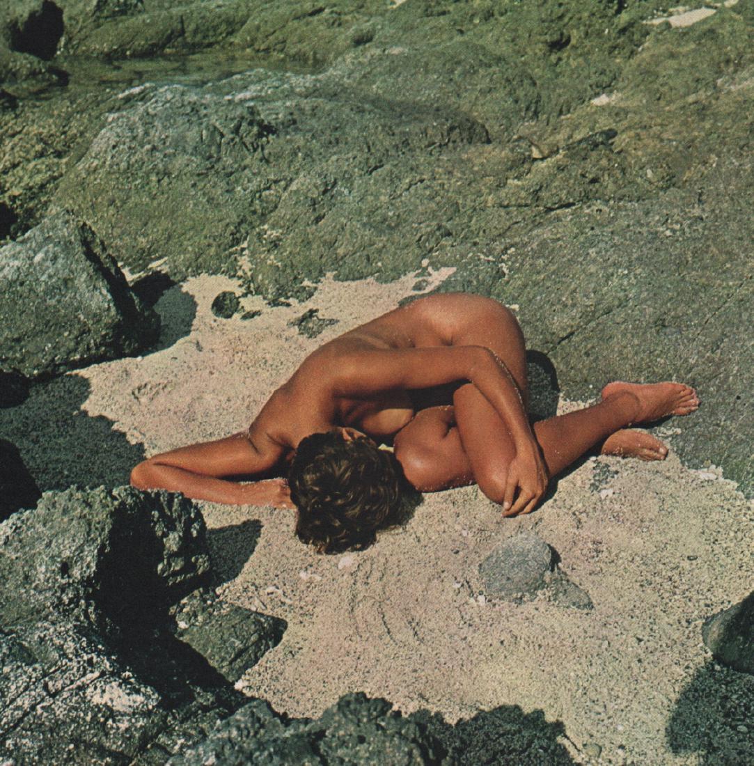 FRITZ HENLE - Nude Sunbather: Artist: FRITZ HENLE Print Title: Nude Sunbather Medium: Color Sheet-fed Gravure Printing Date: 1971 Printing Location: Switzerland Image Size: 10.5 x 10.5 inches Fritz Henle was a German-born photogra