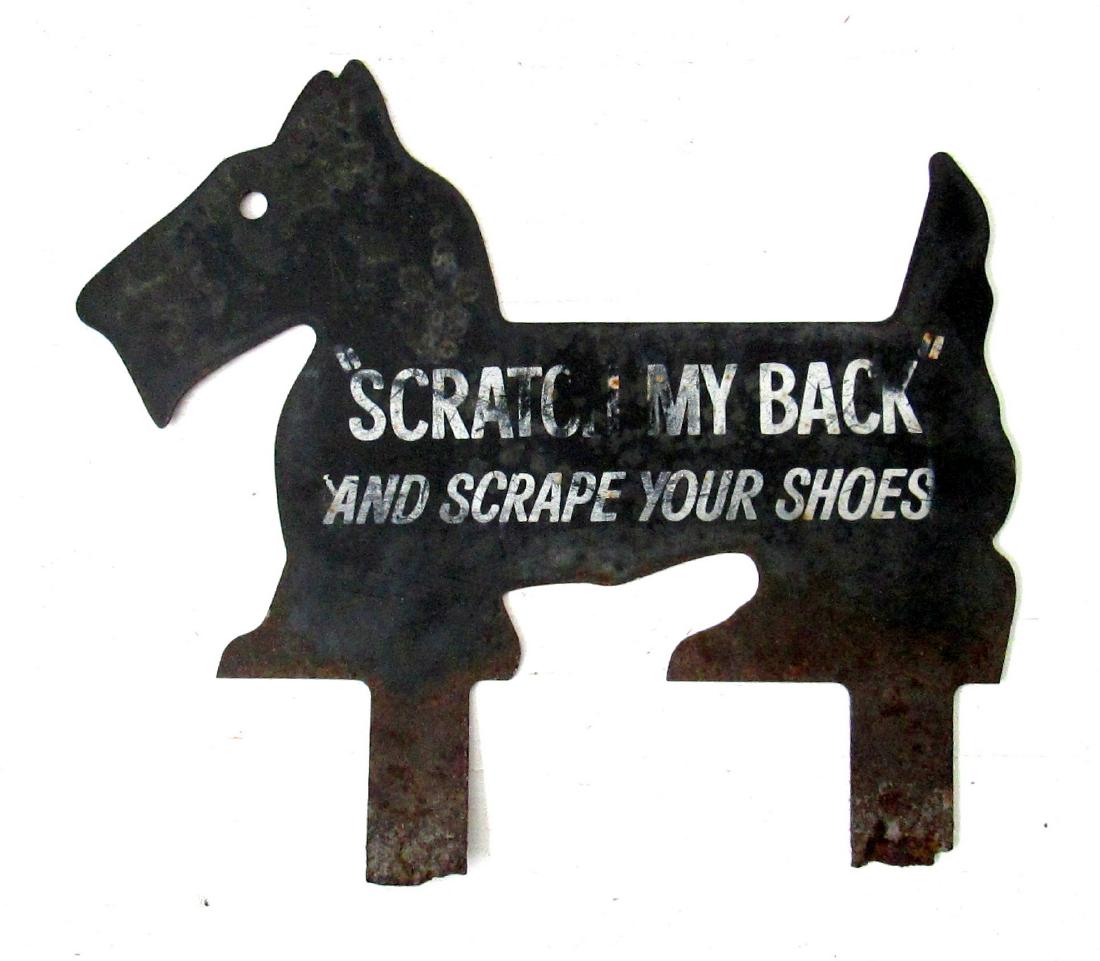 Scottie Dog Boot Scraper: Scottie Dog Boot Scraper Whimsical heavy gauge sheet iron boot scraper, with dry original painted surfaces. Would look great mounted next to your entry door. Expected use oxidation losses. 10 1/2"H X